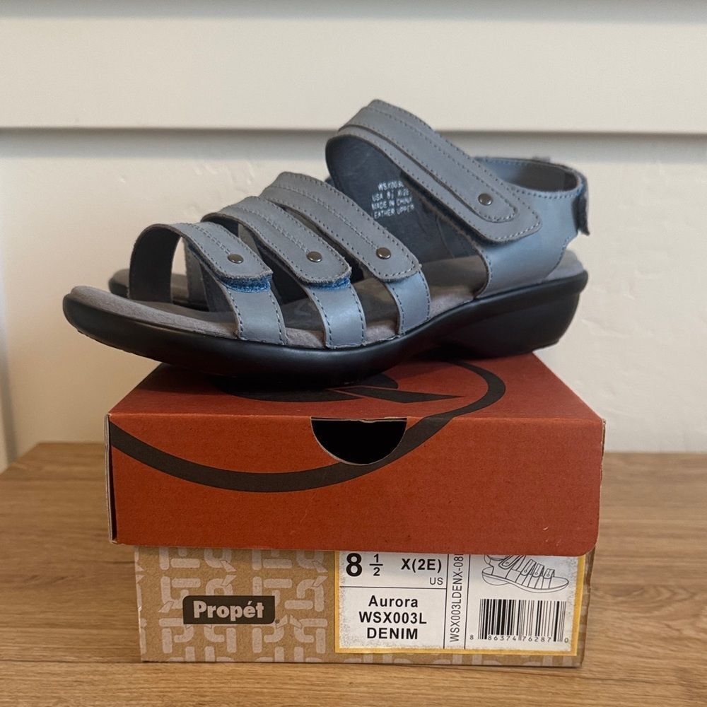 Propet AURORA Women’s Denim Leather Comfort Casual Sandals Walking Shoe Size 8.5